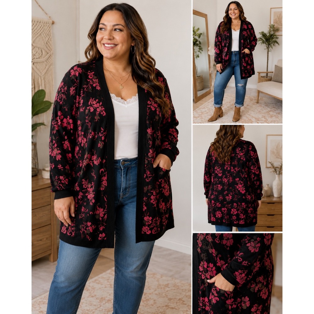 Croft & Barrow Womens 2X Classic Cardigan Pink Floral Black Open Front Sweater